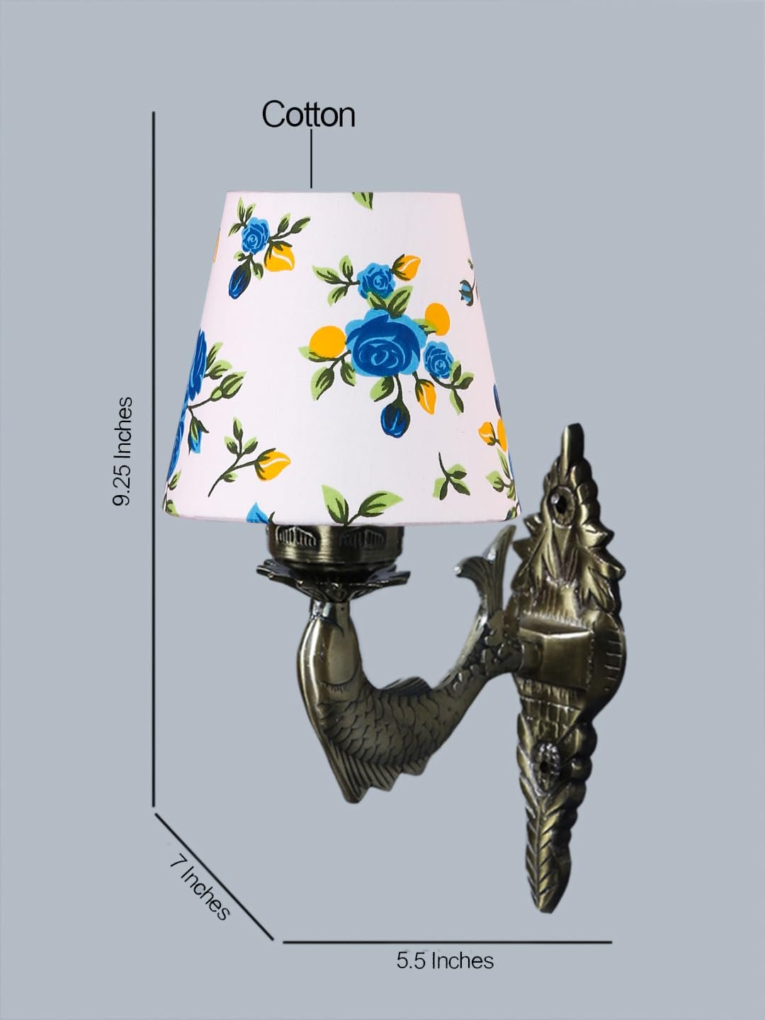 Antique Gold Fish Wall Lamp for Office/Home/Gifting with Cotton conical Printed Shade(7x5.5x9.25) Inches -43