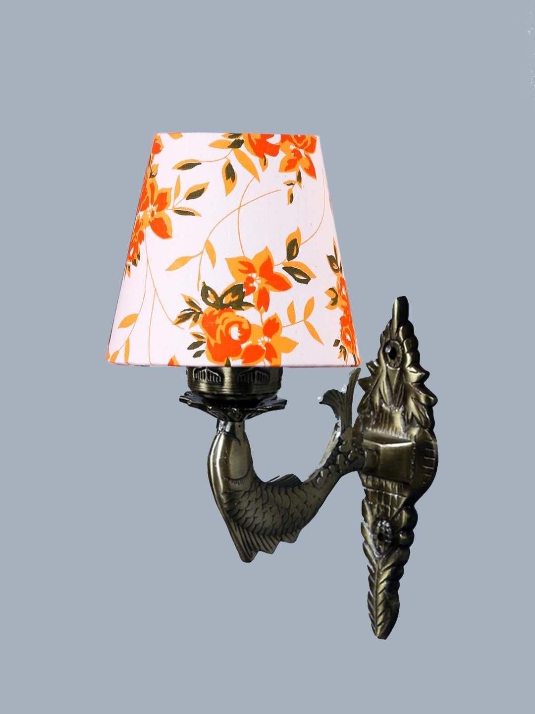 Antique Gold Fish Wall Lamp for Office/Home/Gifting with Cotton conical Printed Shade(7x5.5x9.25) Inches -44