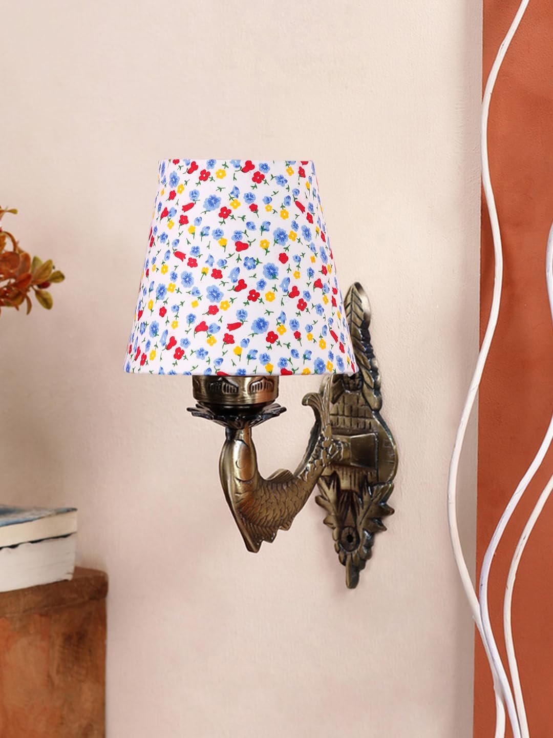 Antique Gold Fish Wall Lamp for Office/Home/Gifting with Cotton conical Printed Shade(7x5.5x9.25) Inches -45