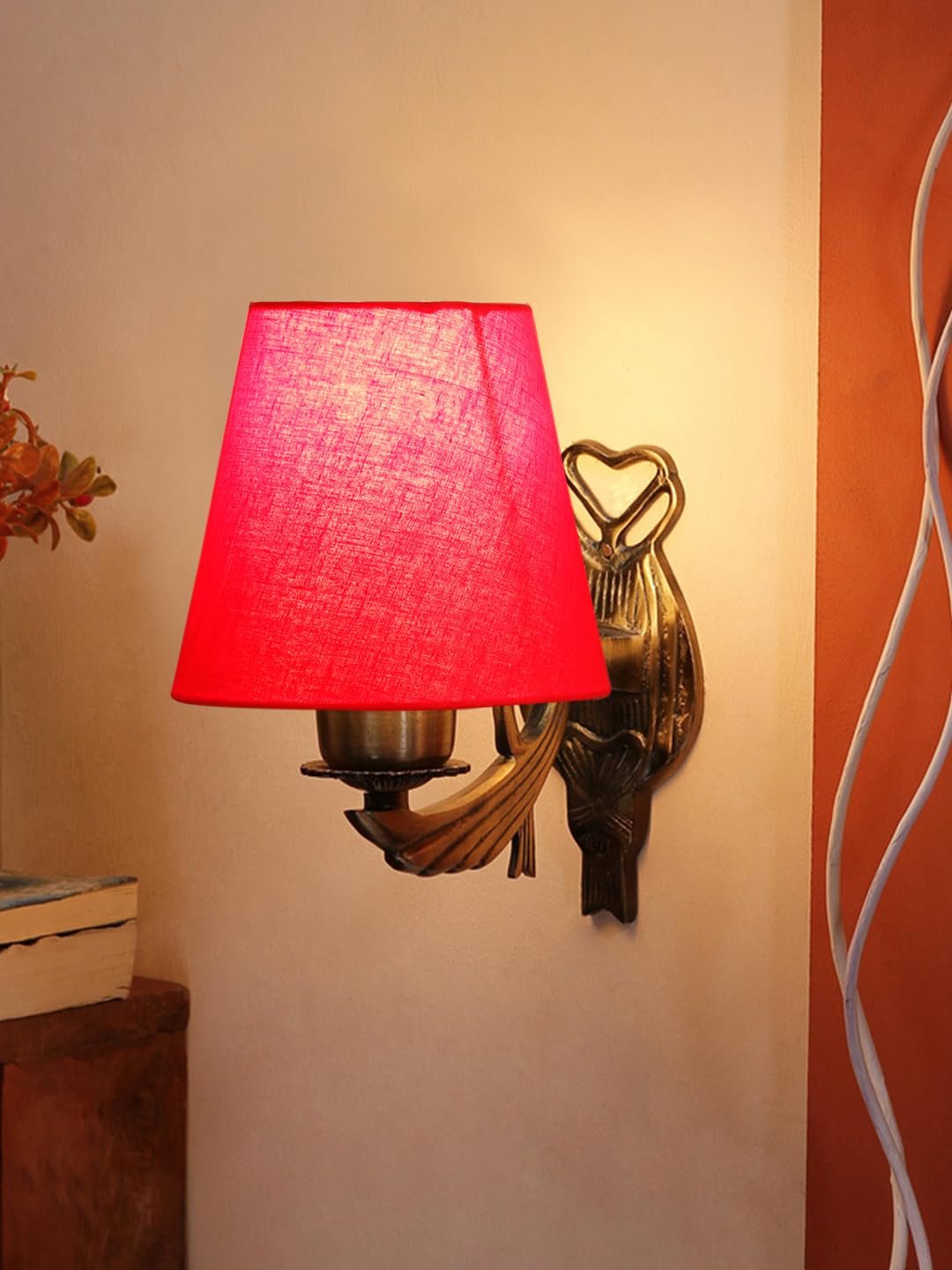 Antique Gold Wall Lamp for Office/Home/Gifting with Cotton conical Red Shade(7x5.5x9.25) Inches