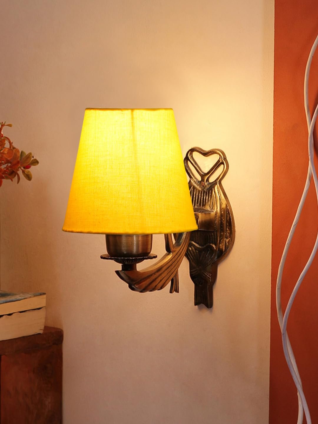 Antique Gold Wall Lamp for Office/Home/Gifting with Cotton conical Yellow Shade(7x5.5x9.25) Inches