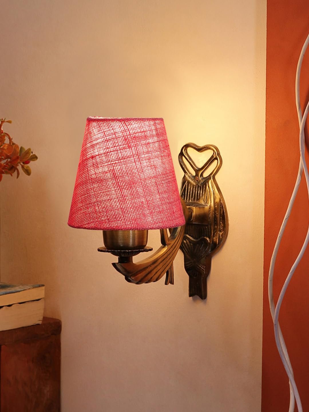 Antique Gold Wall Lamp for Office/Home/Gifting with Jute conical Pink Shade(7x5.5x9.25) Inches