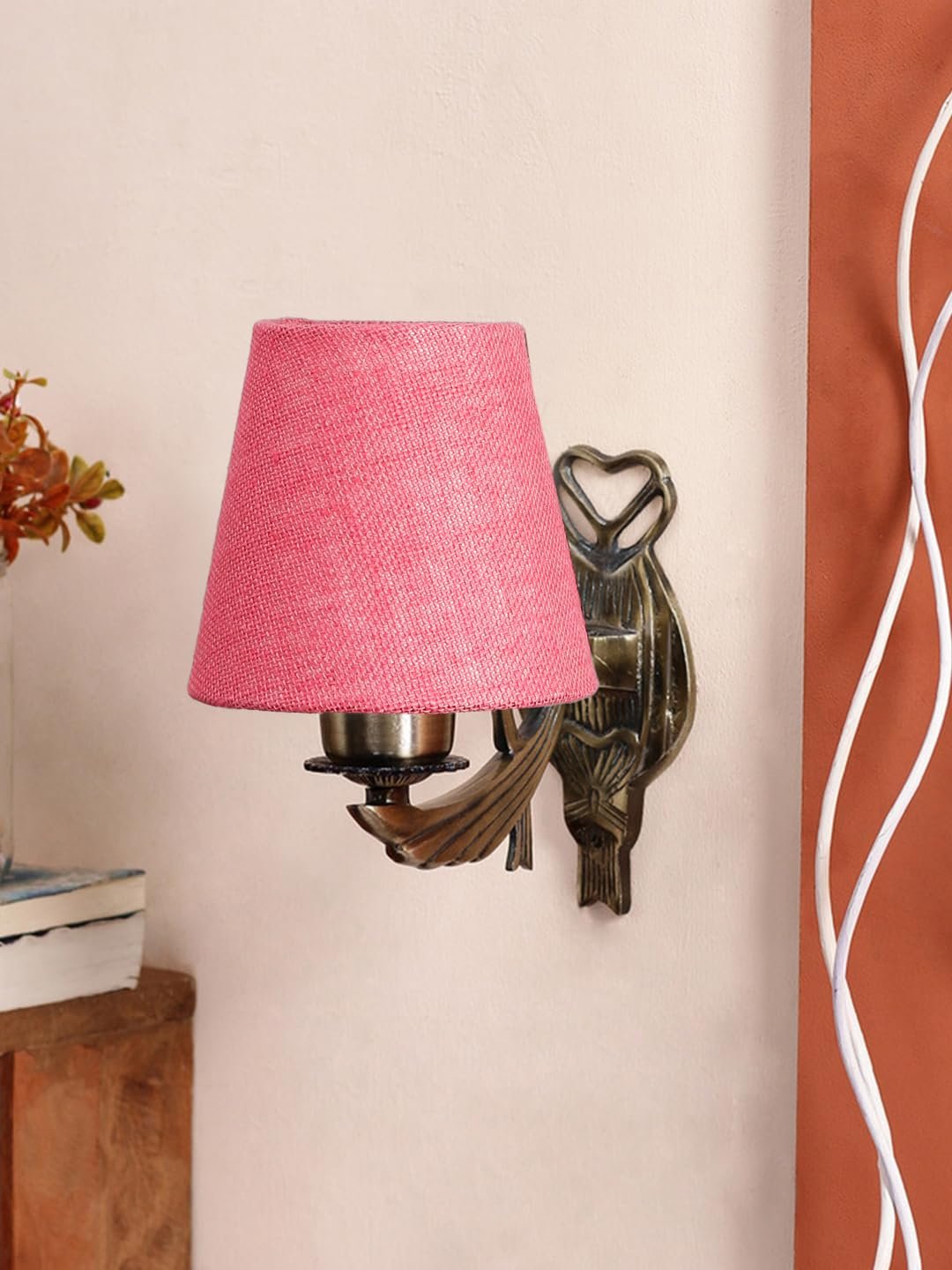 Antique Gold Wall Lamp for Office/Home/Gifting with Jute conical Pink Shade(7x5.5x9.25) Inches