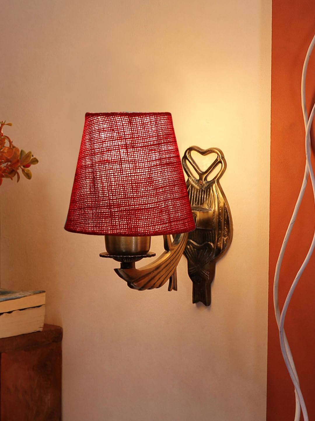 Antique Gold Wall Lamp for Office/Home/Gifting with Jute conical Maroon Shade(7x5.5x9.25) Inches