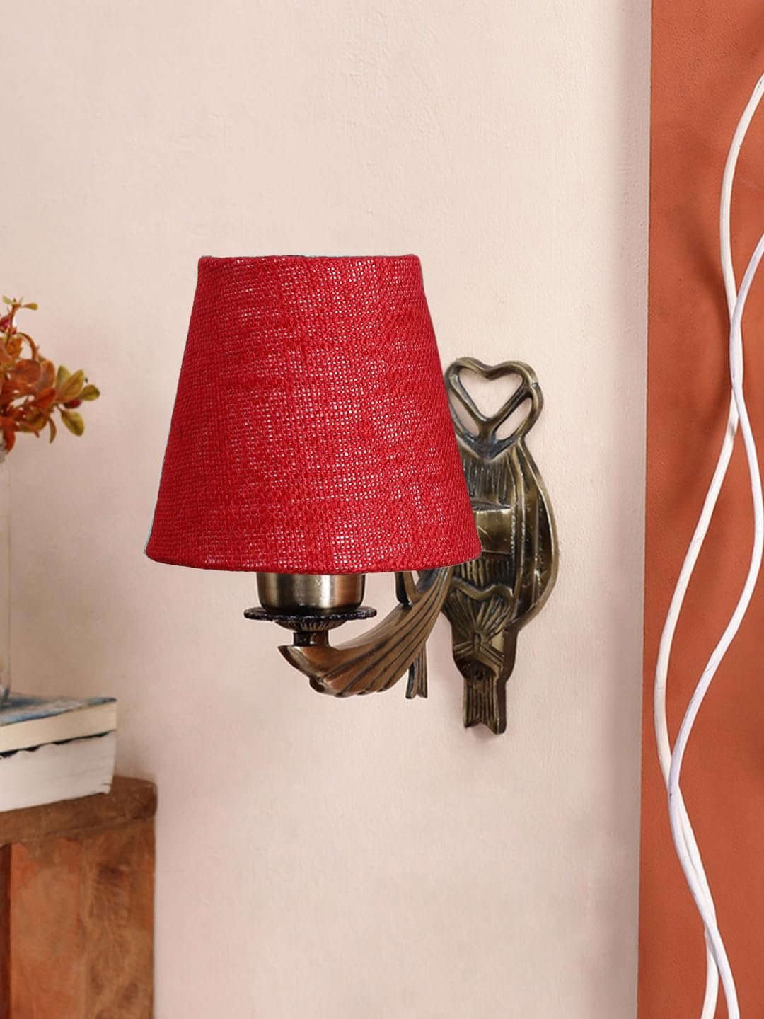 Antique Gold Wall Lamp for Office/Home/Gifting with Jute conical Maroon Shade(7x5.5x9.25) Inches