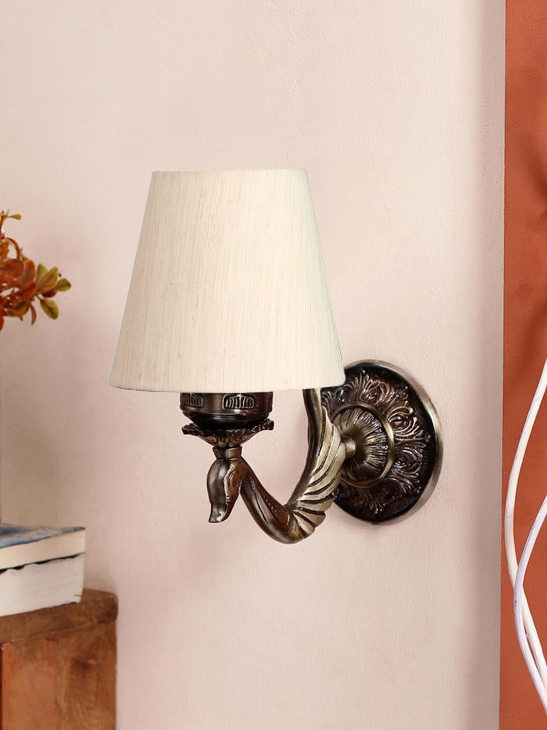 Antique Gold Wall Lamp for Office/Home/Gifting with Cotton conical Off-White Shade(7x5.5x9.25) Inches -61