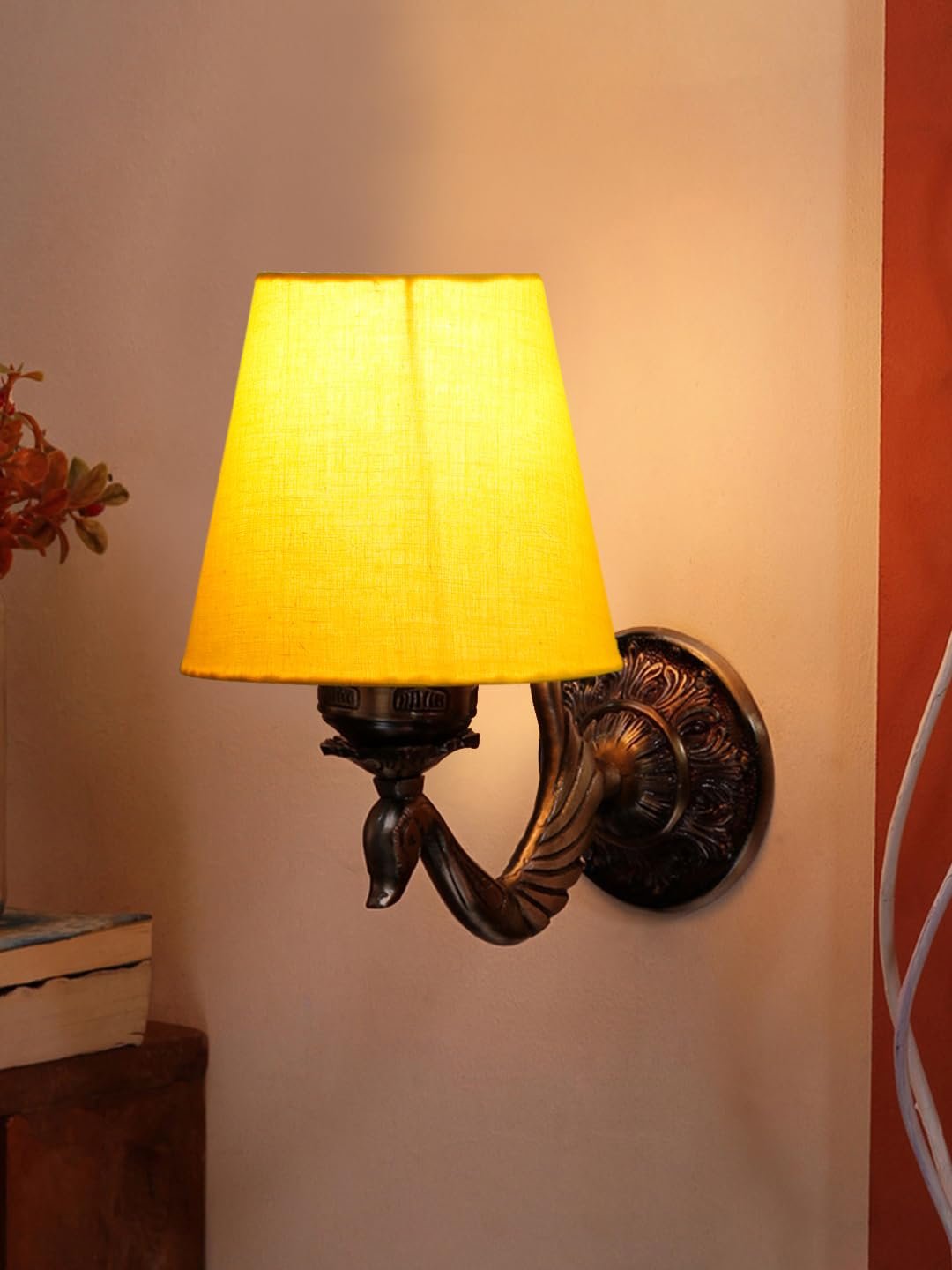 Antique Gold Wall Lamp for Office/Home/Gifting with Cotton conical Yellow Shade(7x5.5x9.25) Inches -65