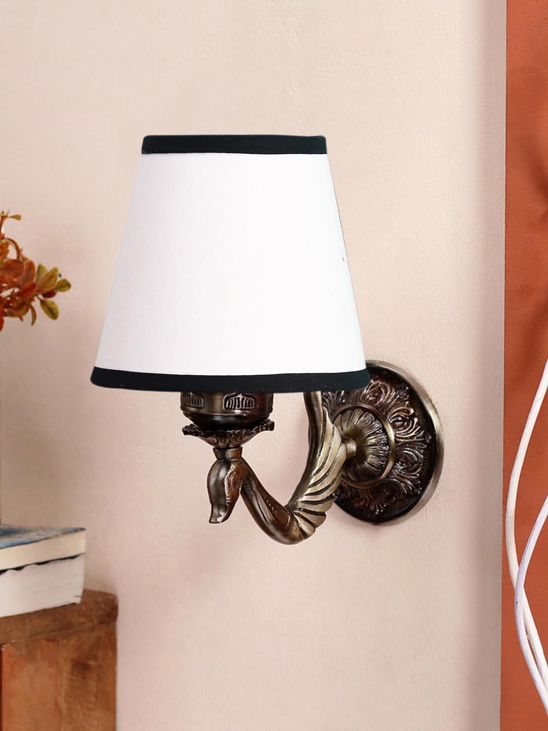 Antique Gold Wall Lamp for Office/Home/Gifting with Cotton conical White & Black Shade(7x5.5x9.25) Inches -66
