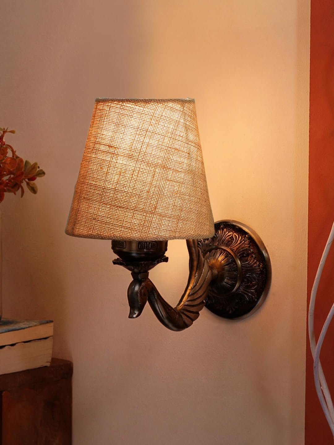 Antique Gold Wall Lamp for Office/Home/Gifting with Jute conical Beige Shade(7x5.5x9.25) Inches -67