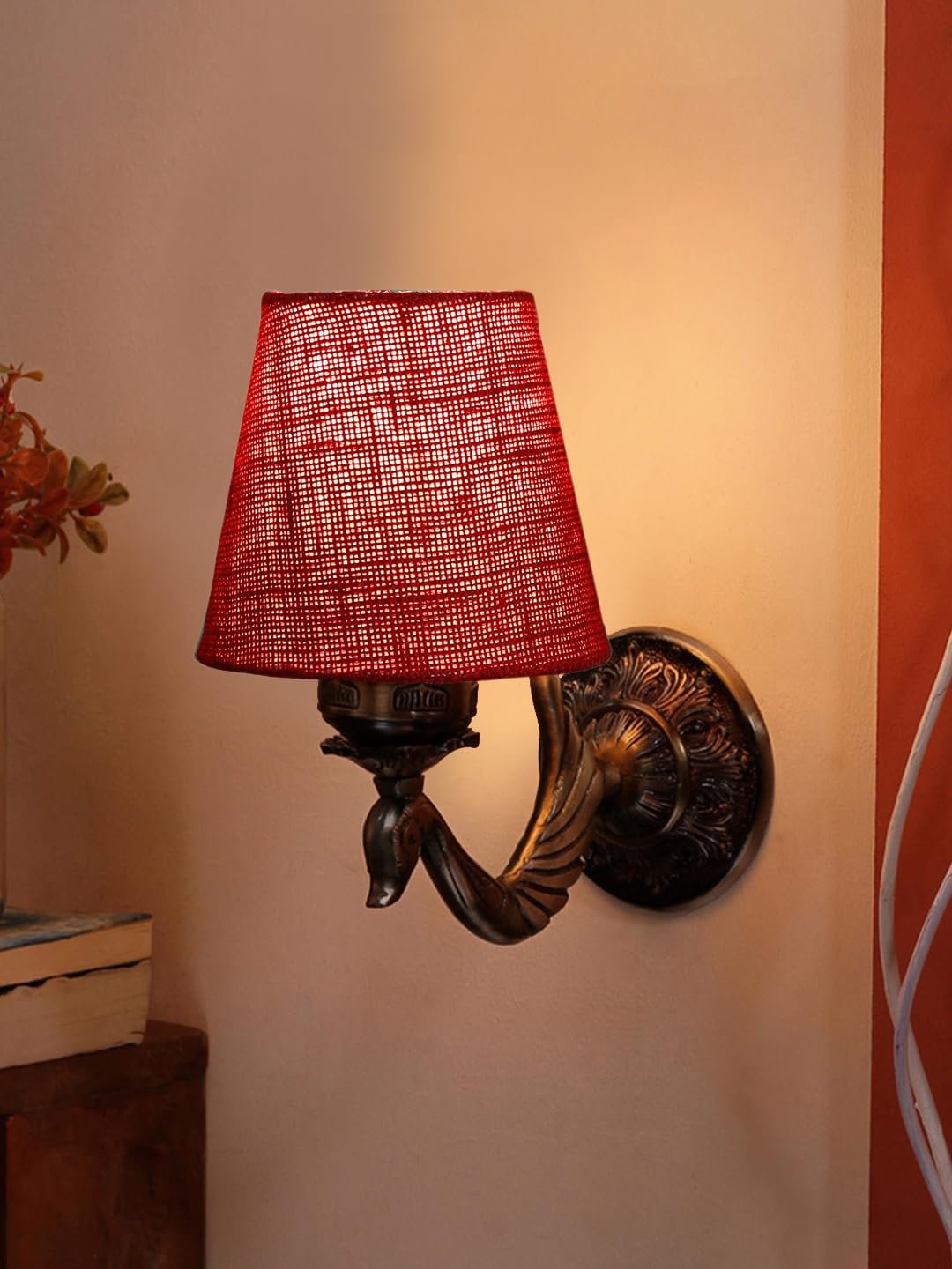 Antique Gold Wall Lamp for Office/Home/Gifting with Jute conical Maroon Shade(7x5.5x9.25) Inches -71