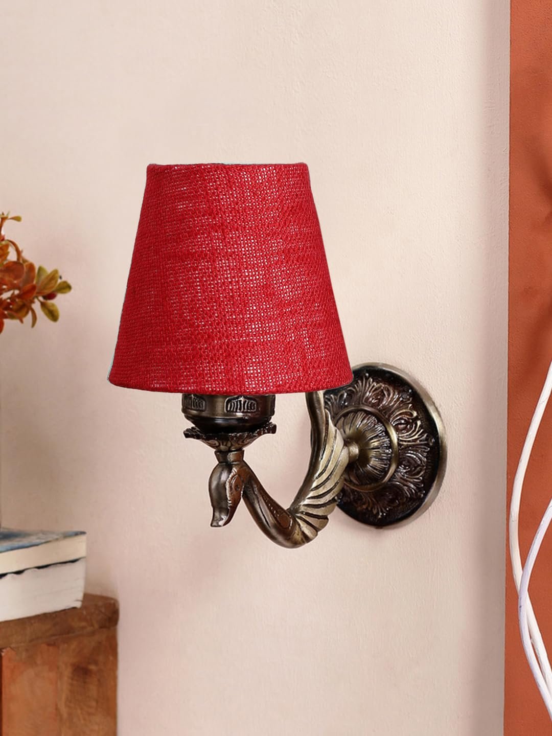 Antique Gold Wall Lamp for Office/Home/Gifting with Jute conical Maroon Shade(7x5.5x9.25) Inches -71