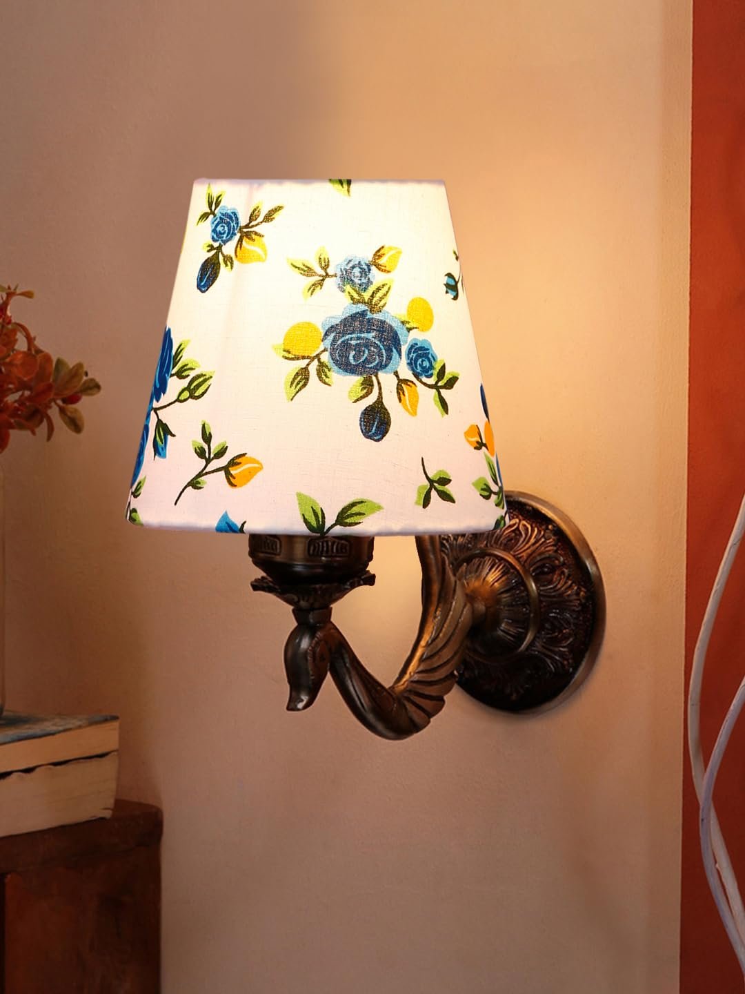 Antique Gold Wall Lamp for Office/Home/Gifting with Cotton conical Printed Shade(7x5.5x9.25) Inches -73