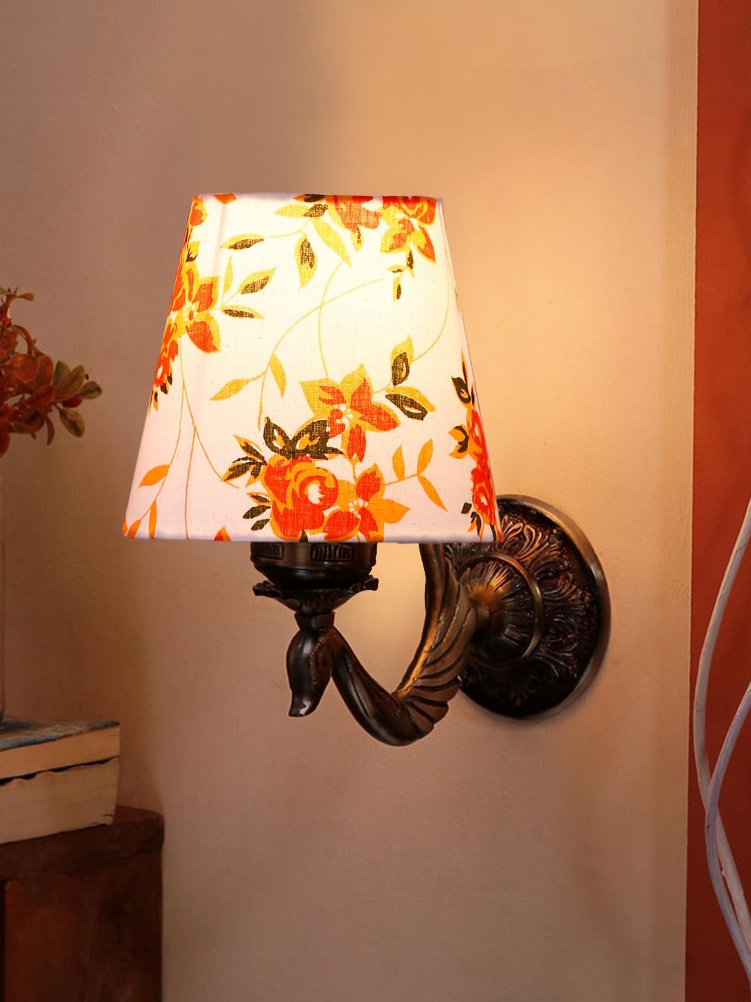 Antique Gold Wall Lamp for Office/Home/Gifting with Cotton conical Printed Shade(7x5.5x9.25) Inches -74