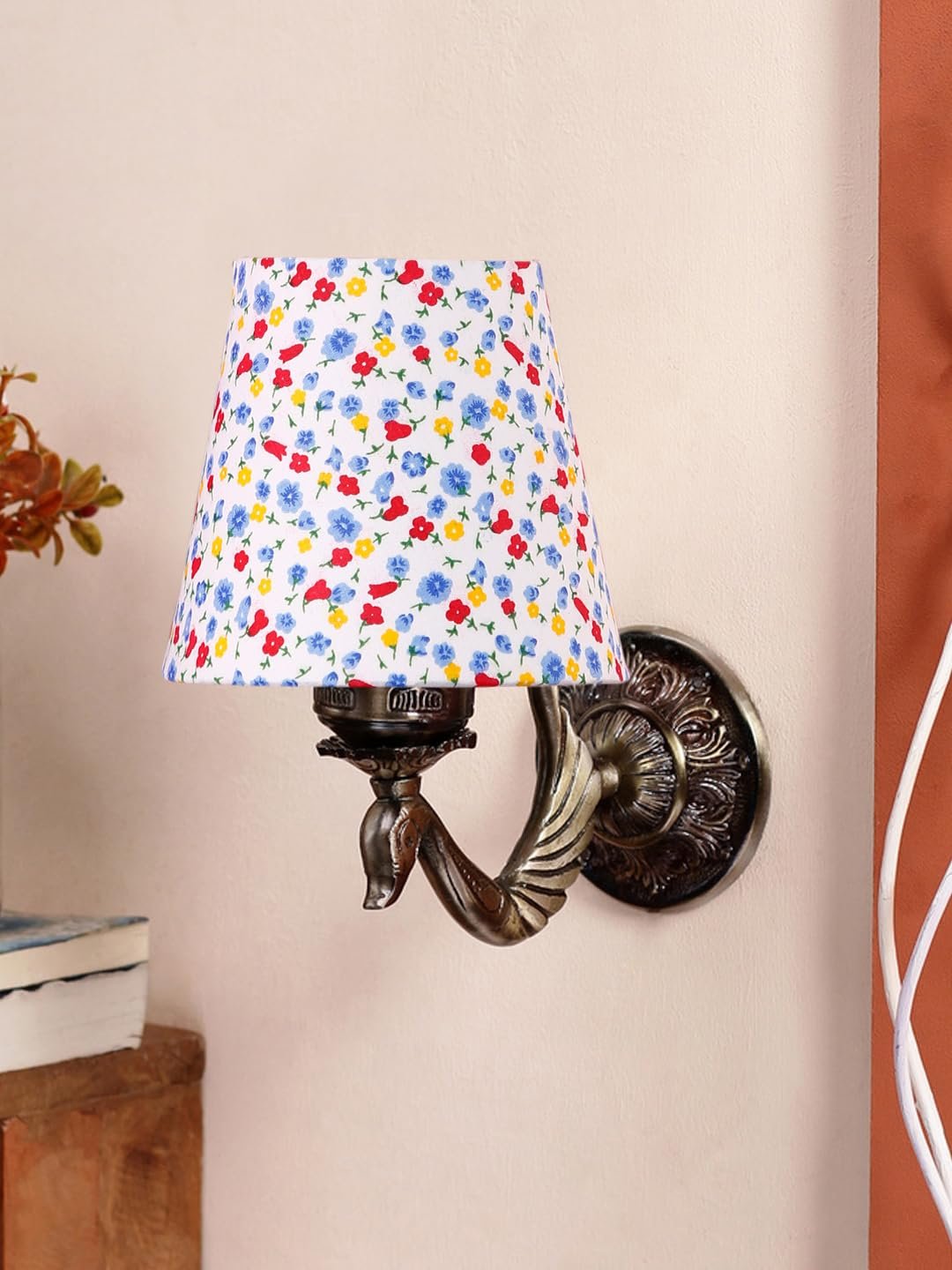 Antique Gold Wall Lamp for Office/Home/Gifting with Cotton conical Printed Shade(7x5.5x9.25) Inches -75