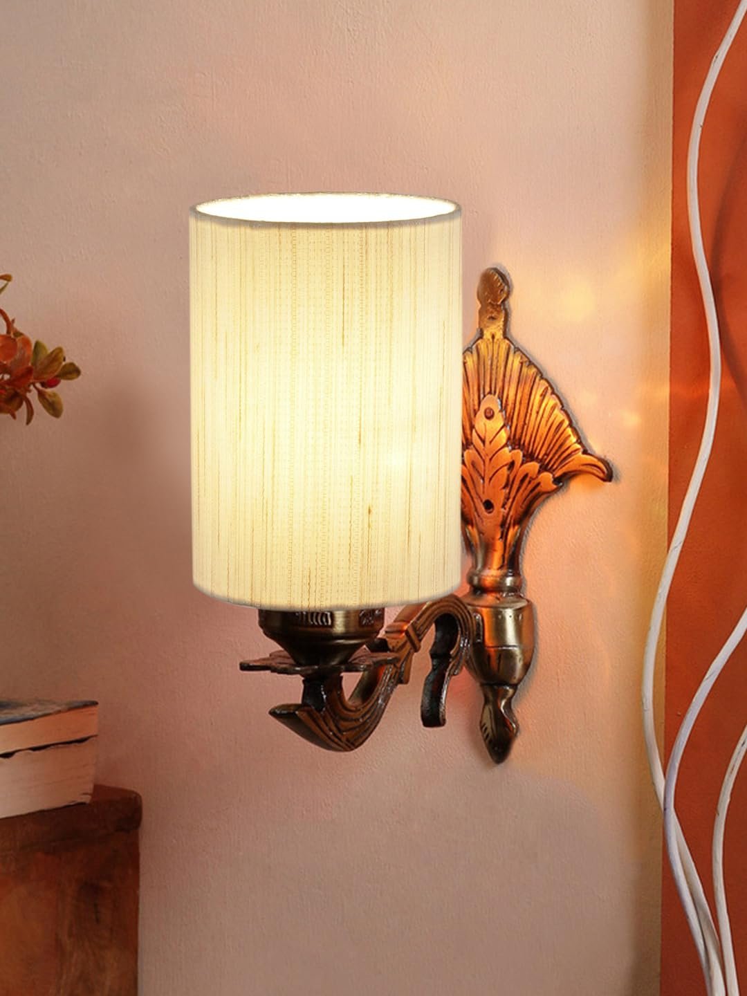 Antique Gold Wall Lamp for Office/Home/Gifting with Cotton Off-White Shade(8x4.25x11) Inches -76