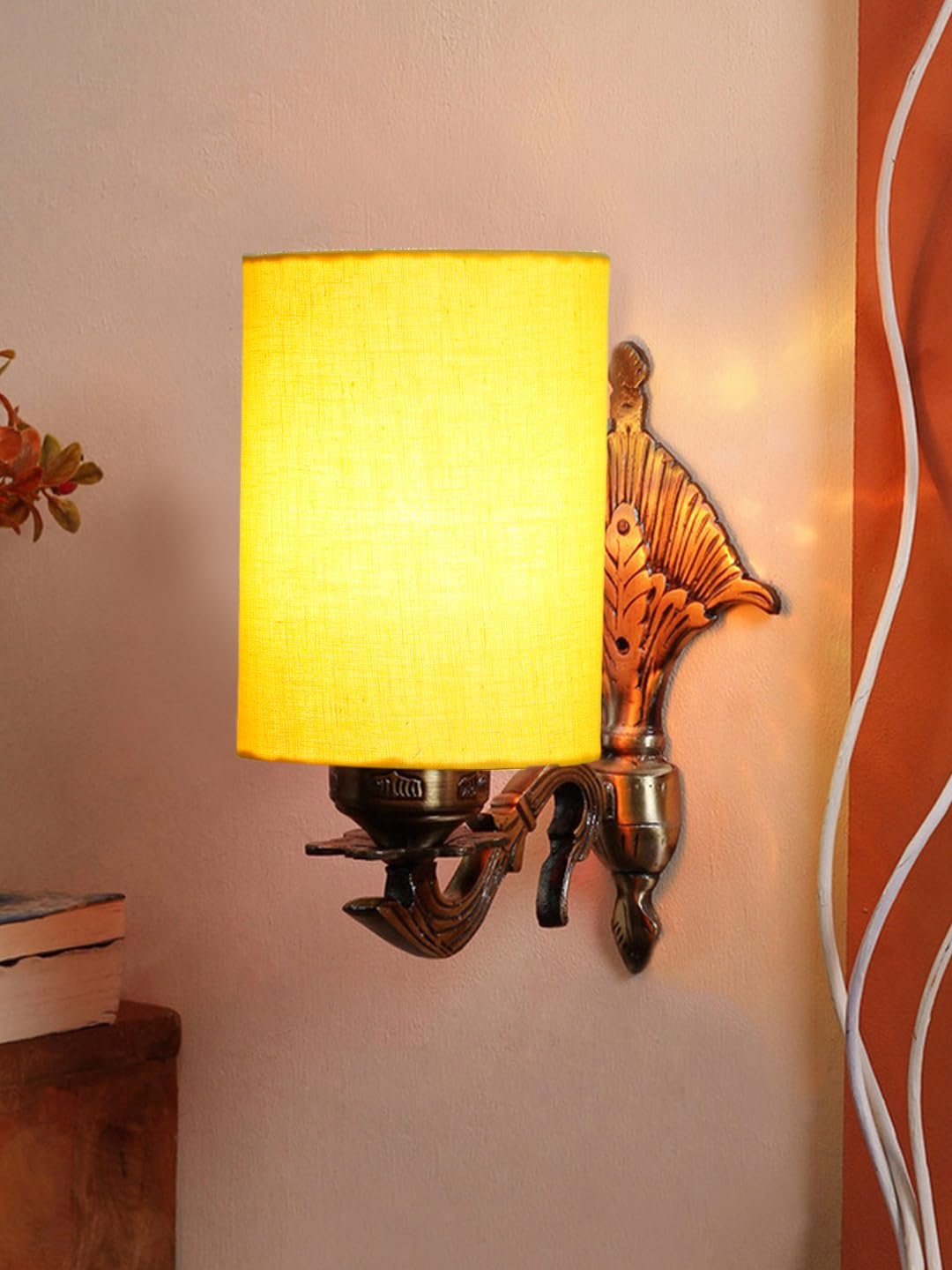 Antique Gold Wall Lamp for Office/Home/Gifting with Cotton Yellow Shade(8x4.25x11) Inches -80