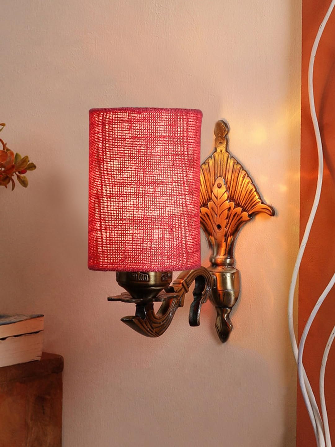 Antique Gold Wall Lamp for Office/Home/Gifting with Jute Pink Shade(8x4.25x11) Inches -85