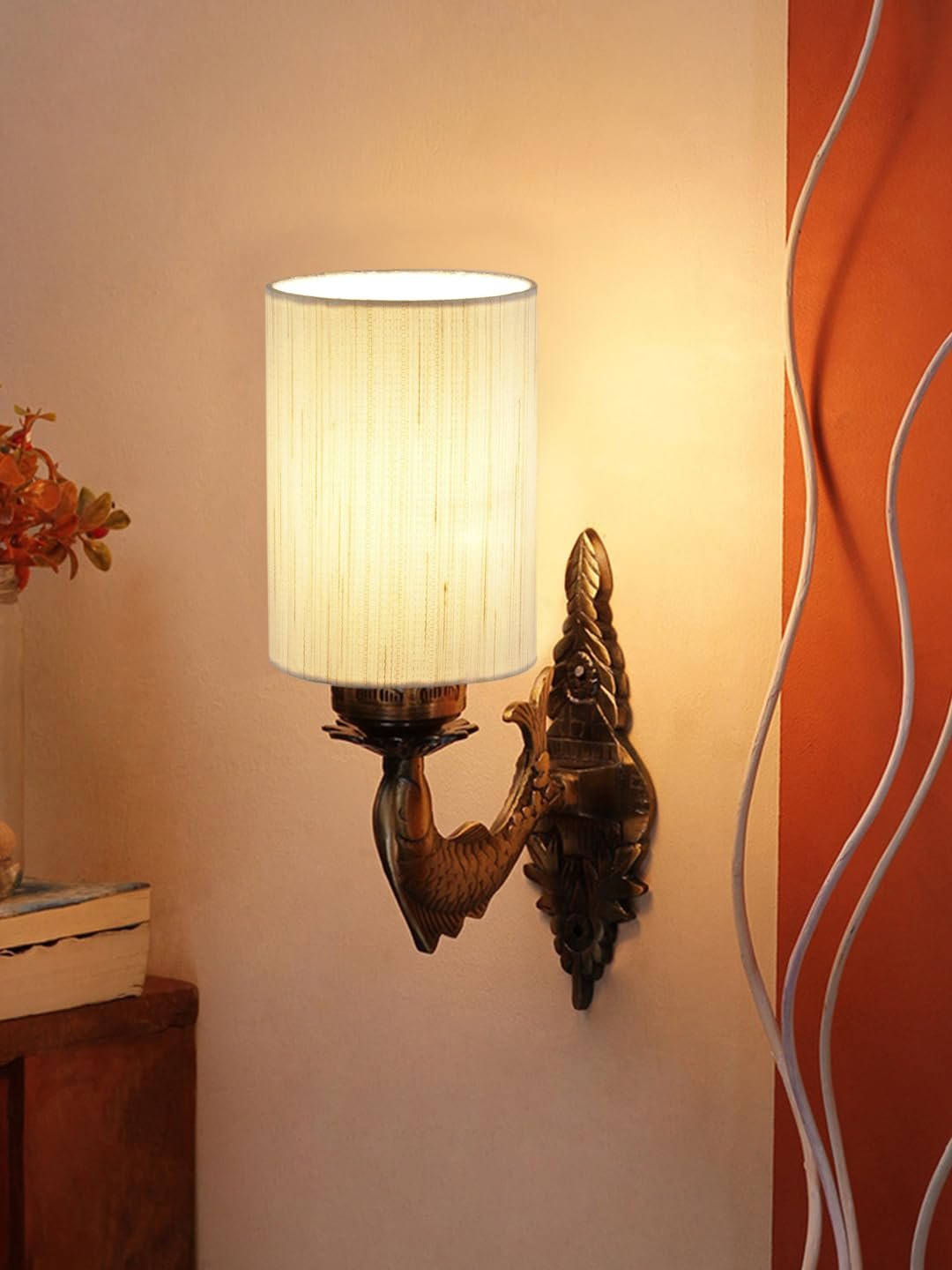 Antique Gold Wall Lamp for Office/Home/Gifting with Cotton Off-White Shade(8x4.25x11) Inches -91