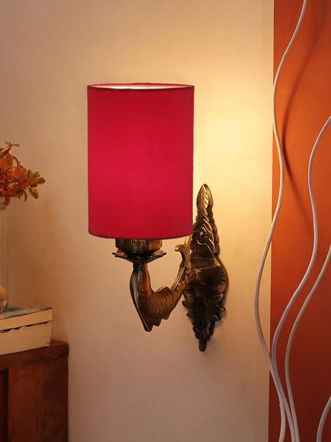 Antique Gold Wall Lamp for Office/Home/Gifting with Cotton Red Shade(8x4.25x11) Inches -93