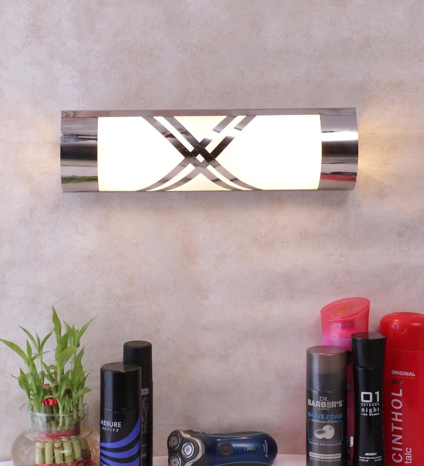 Off White Steel & Glass Bathroom Light for Wash Basin/Mirror