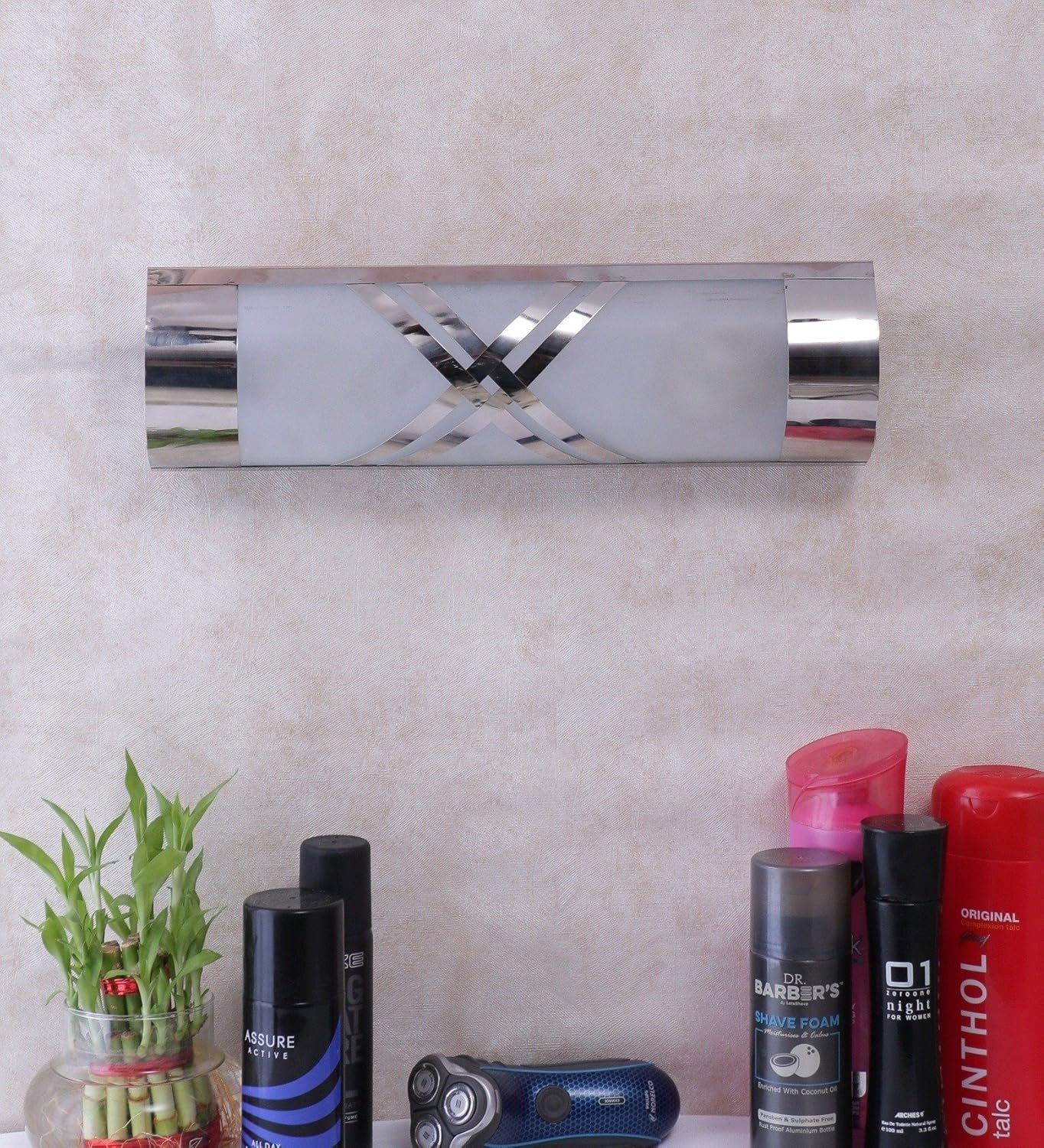 Off White Steel & Glass Bathroom Light for Wash Basin/Mirror