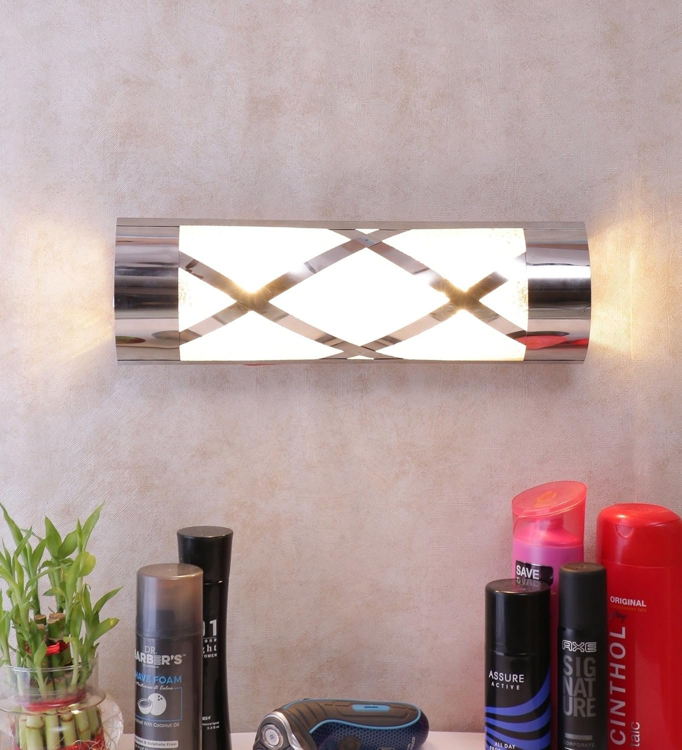 Off White Steel & Glass Bathroom Light for Wash Basin/Mirror