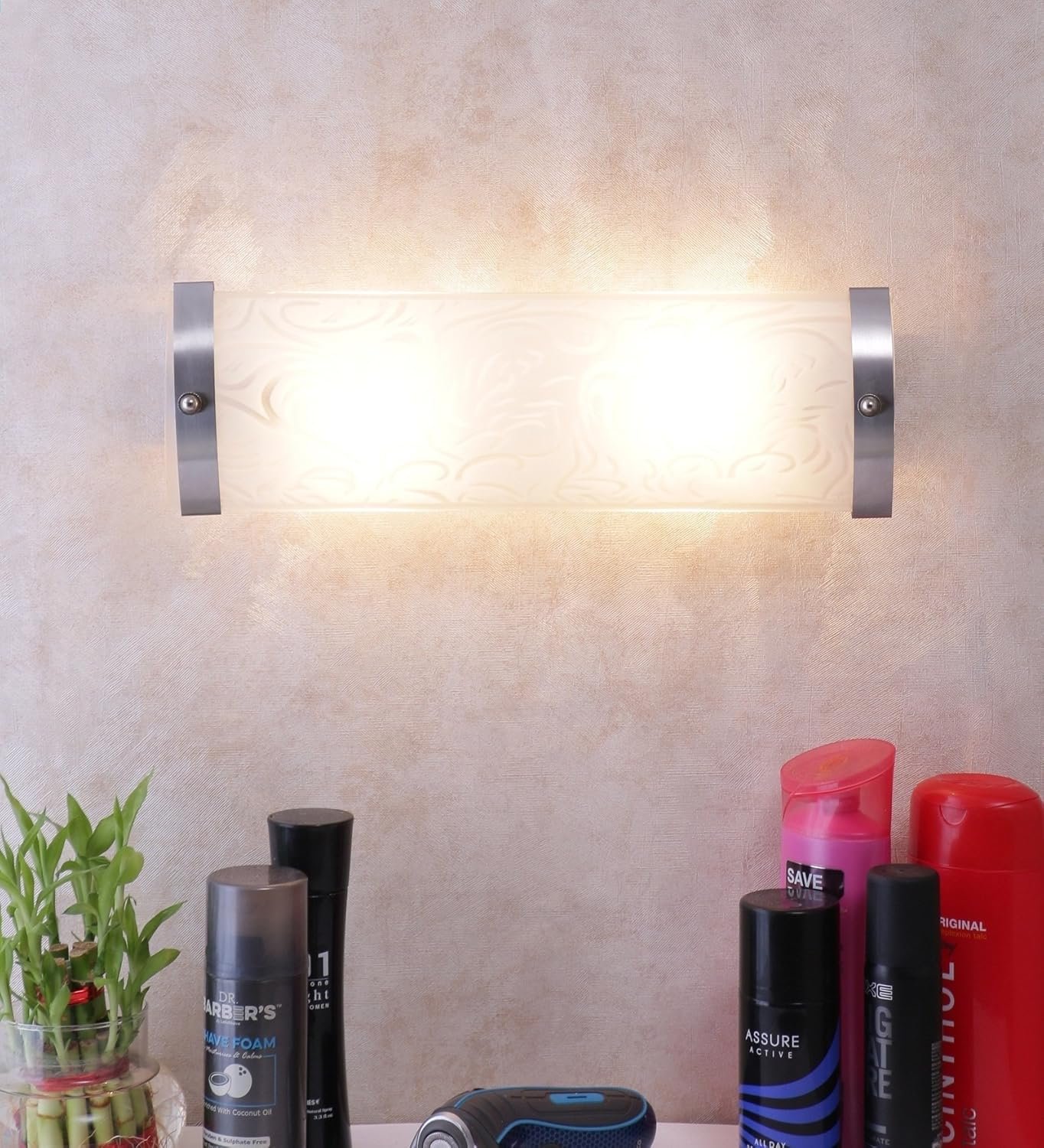 Off White Steel & Glass Bathroom Light for Wash Basin/Mirror