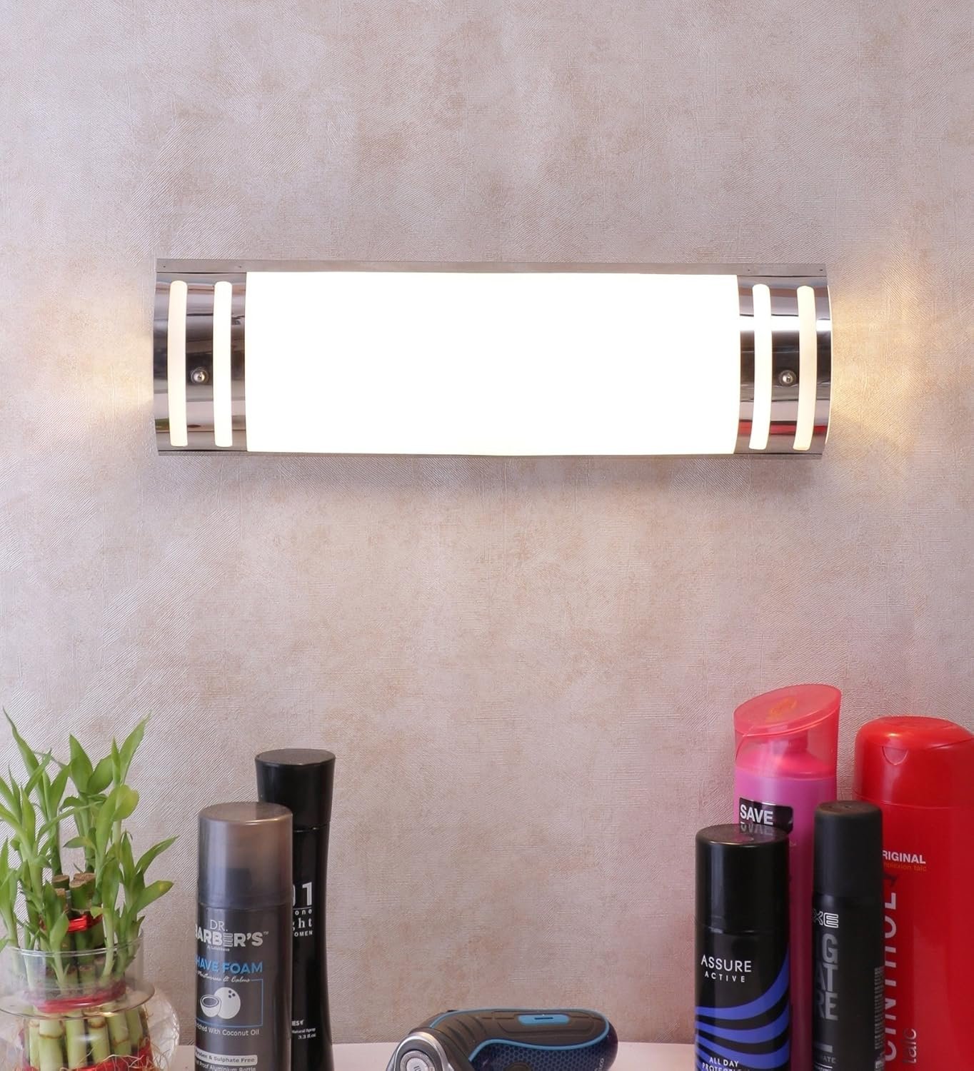 Off White Steel & Glass Bathroom Light for Wash Basin/Mirror