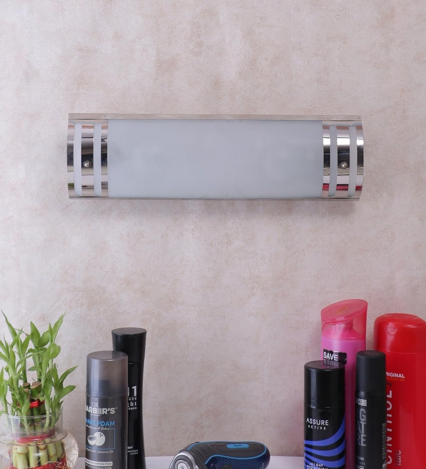 Off White Steel & Glass Bathroom Light for Wash Basin/Mirror