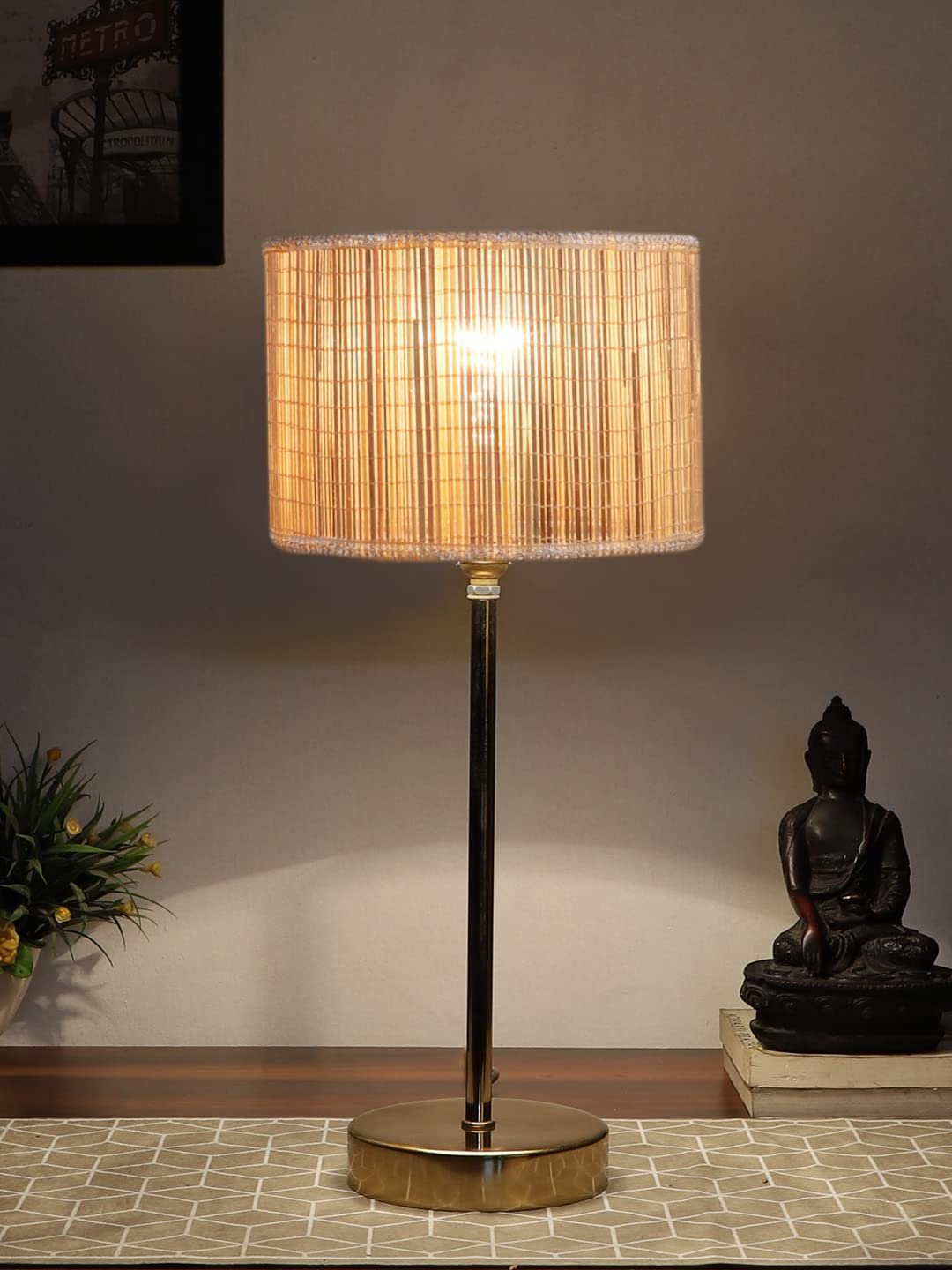 Bamboo Shade with Metal Gold Table Lamp (A)