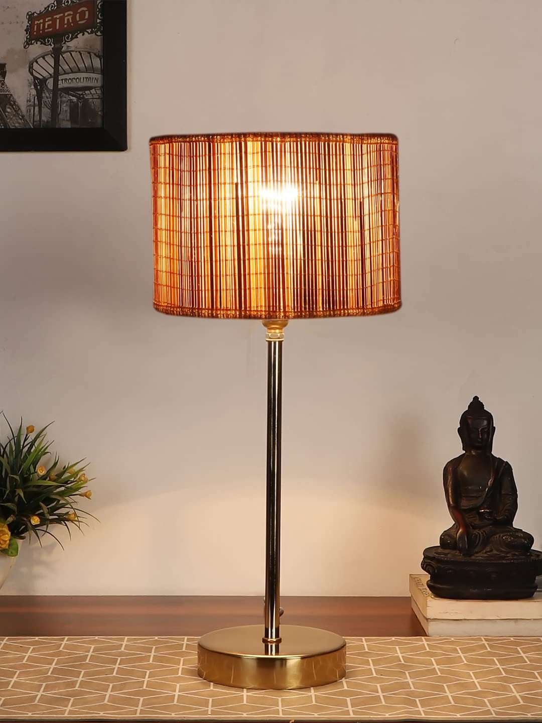 Bamboo Shade with Metal Gold Table Lamp (A)