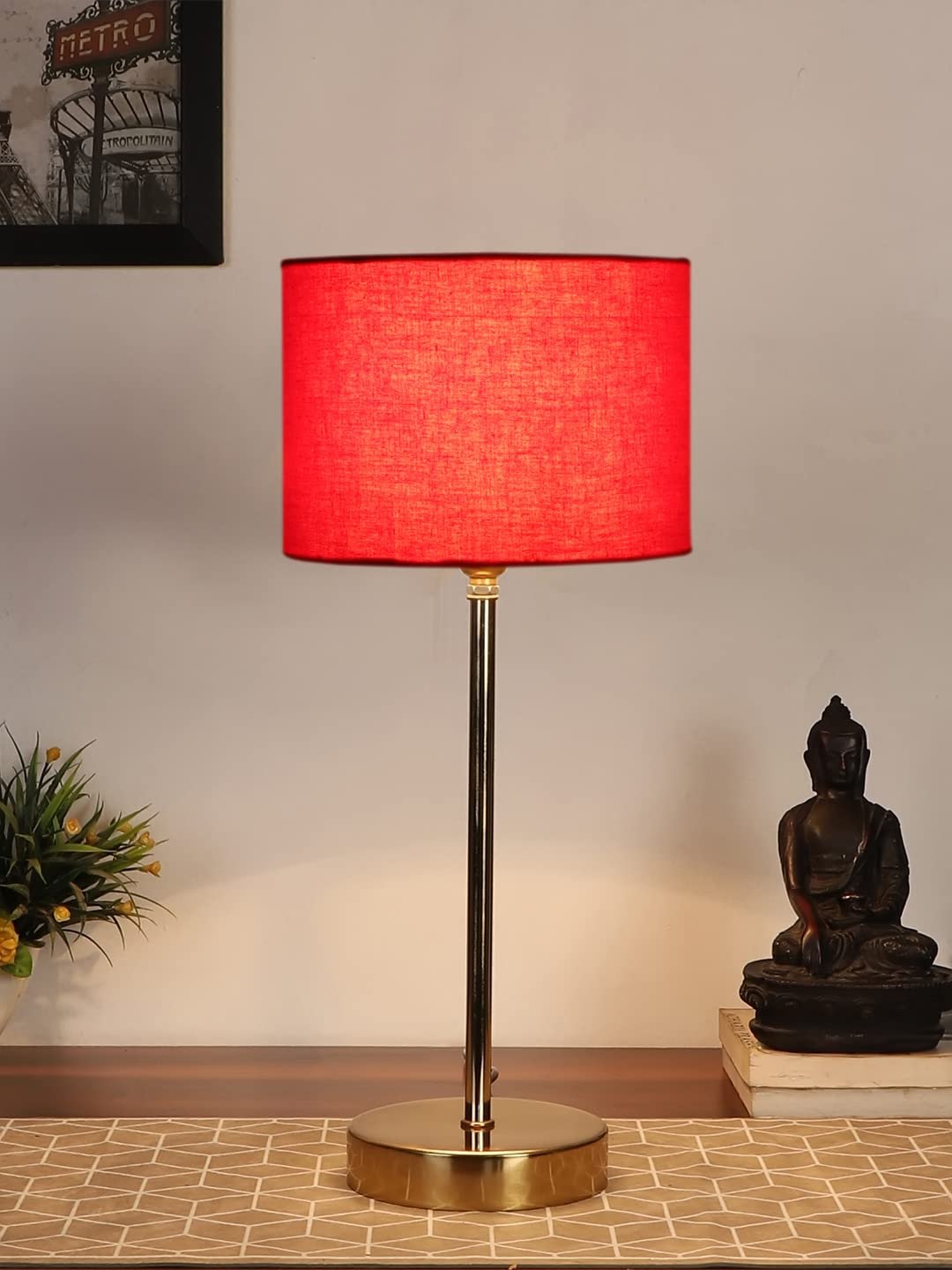 Red Cotton with Metal Gold Table Lamp (E)