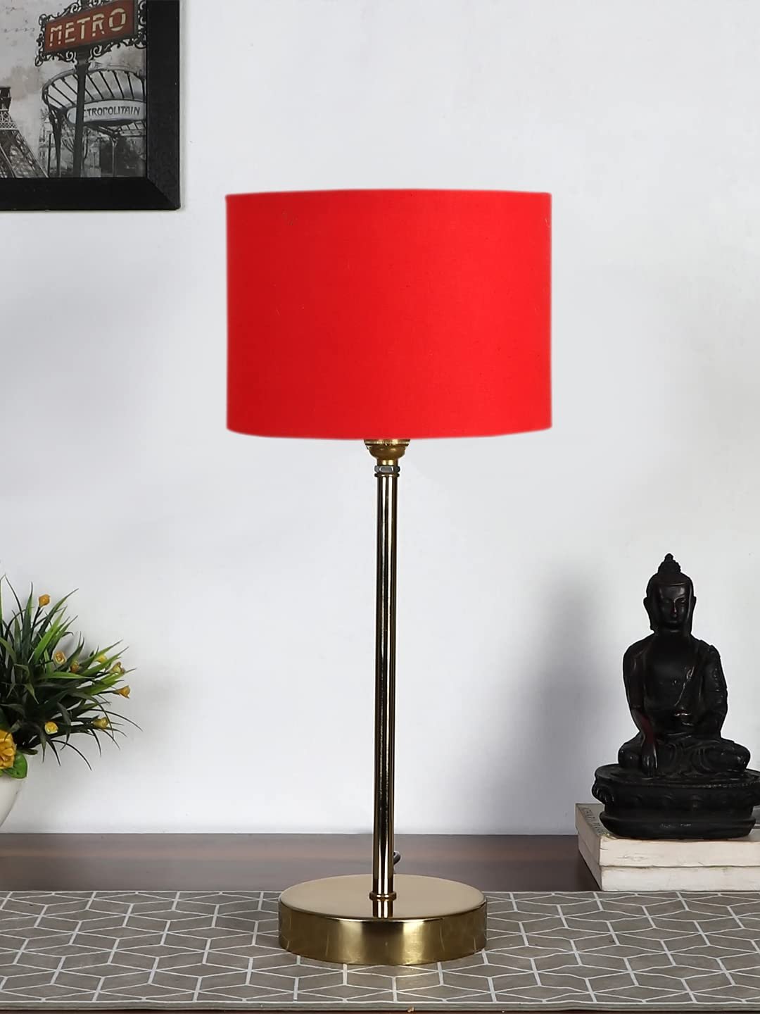 Red Cotton with Metal Gold Table Lamp (E)