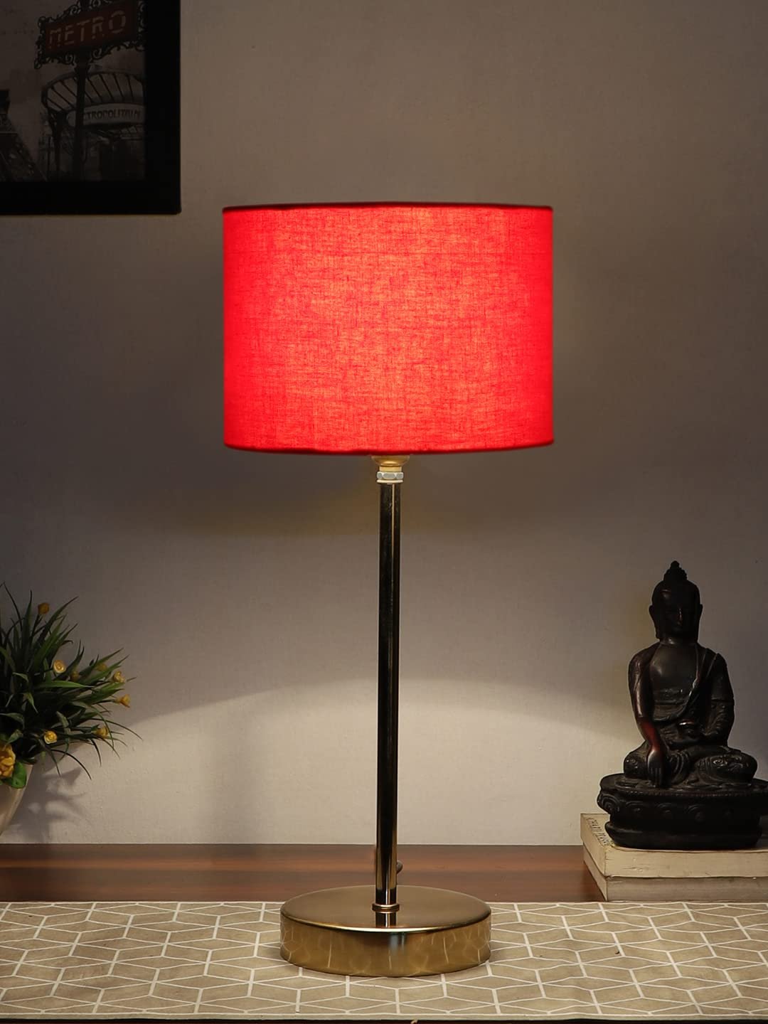 Red Cotton with Metal Gold Table Lamp (E)