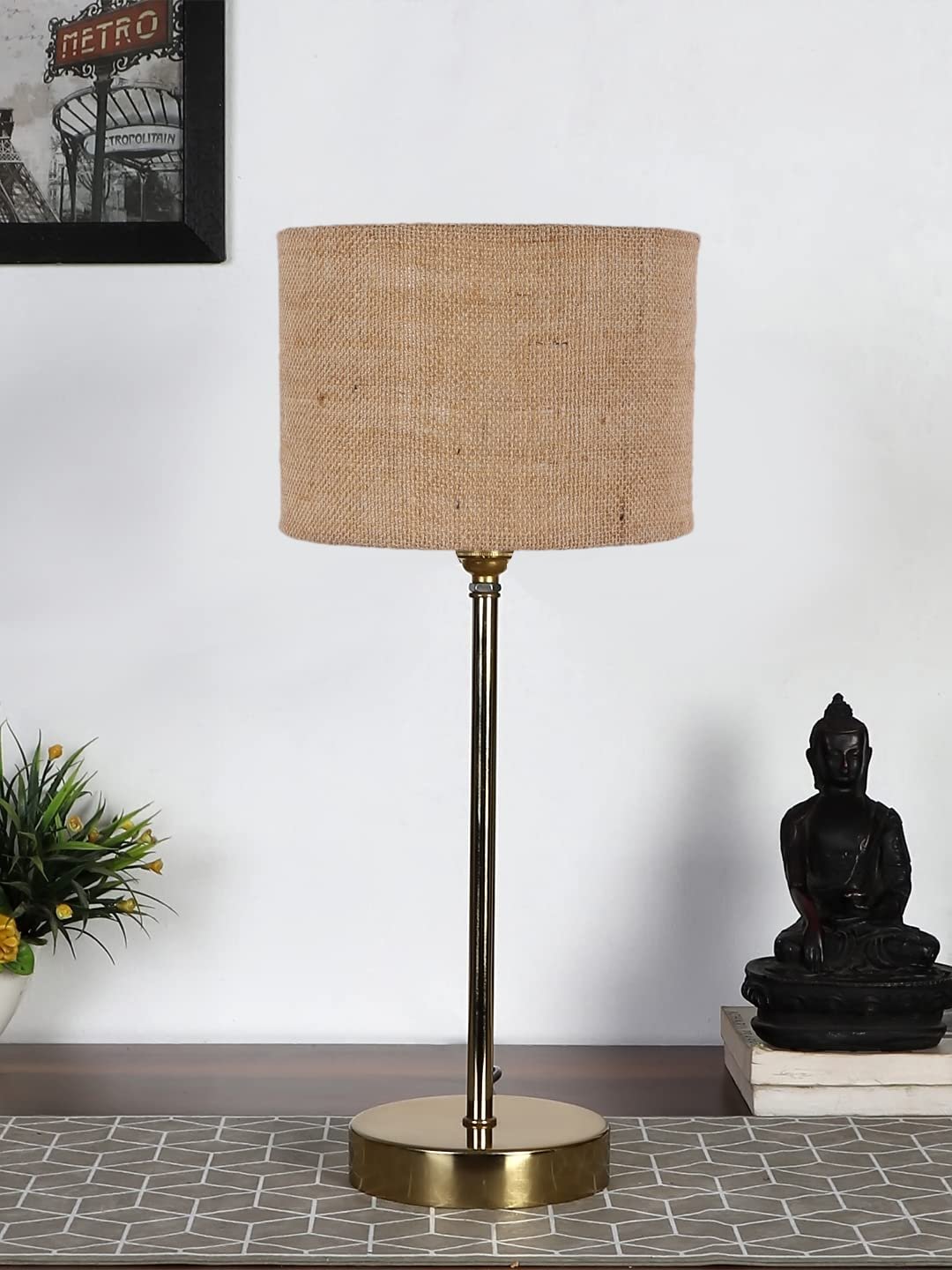 Beige Jute with Metal Gold Table Lamp (J)