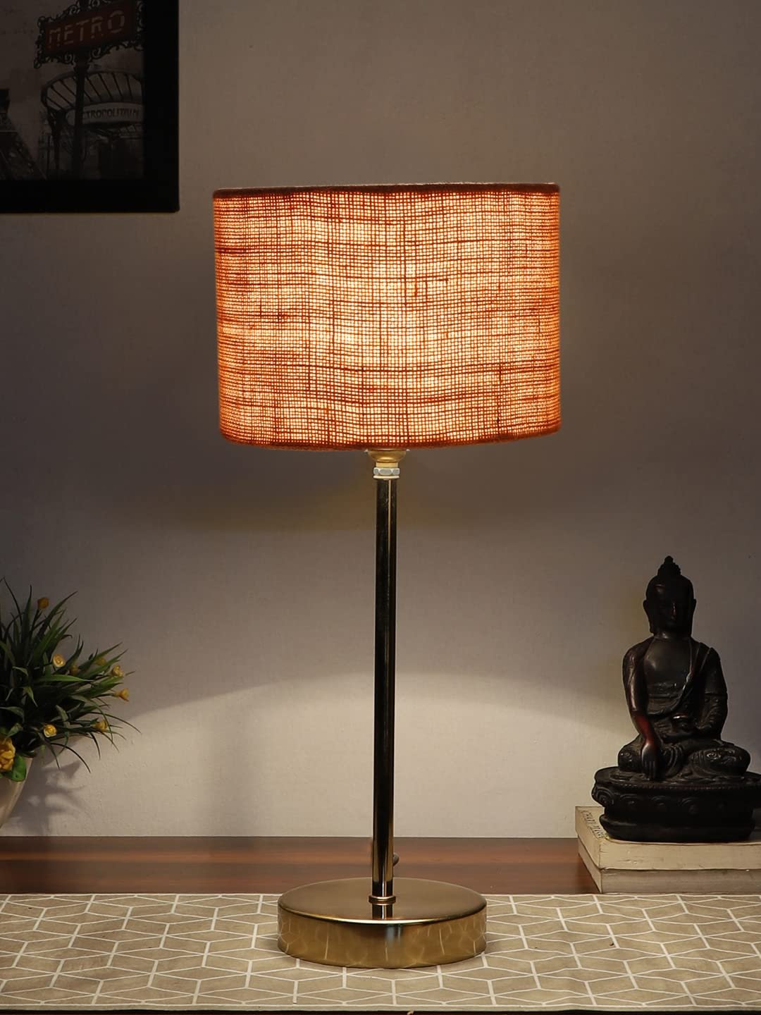 Beige Jute with Metal Gold Table Lamp (J)