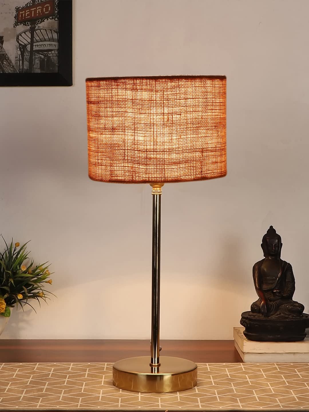 Beige Jute with Metal Gold Table Lamp (J)