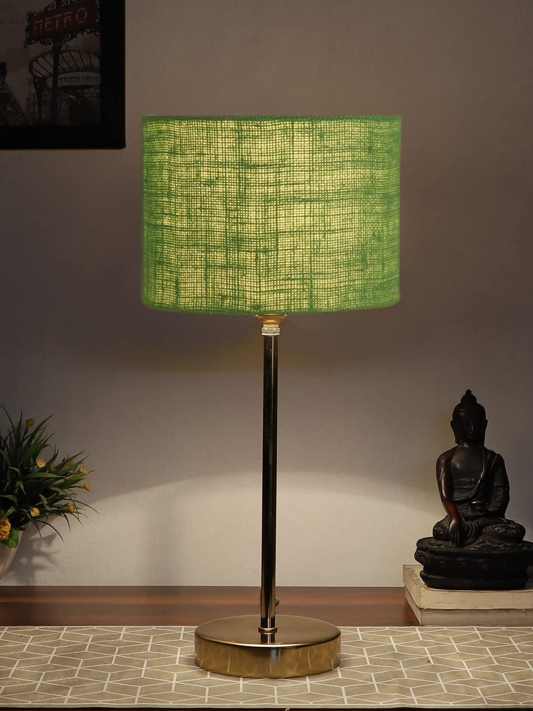 Green Jute with Metal Gold Table Lamp(Q)