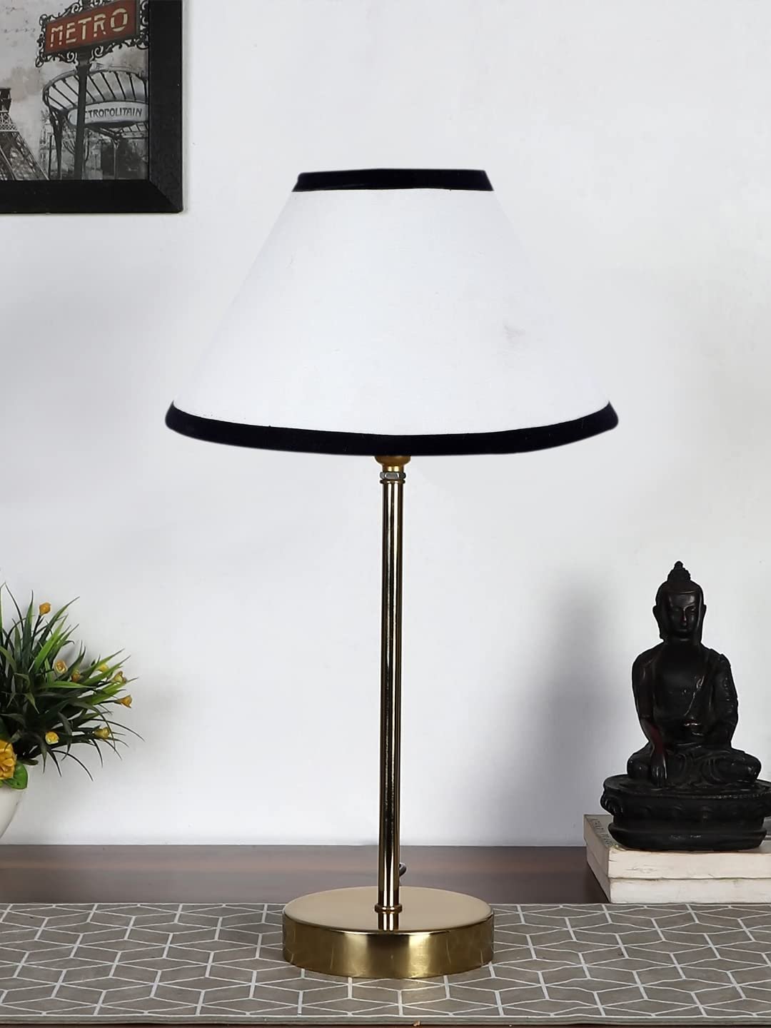 White & Black Cotton with Metal Gold Table Lamp-AS