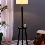 Off-White Cotton Drum Shade Wood Brown Table Floor lamp