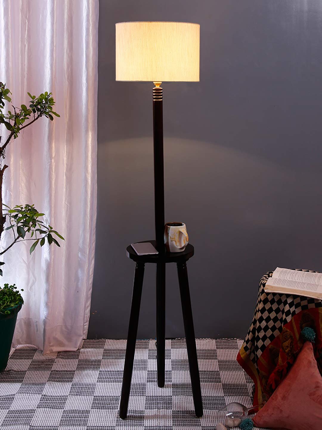Off-White Cotton Drum Shade Wood Brown Table Floor lamp