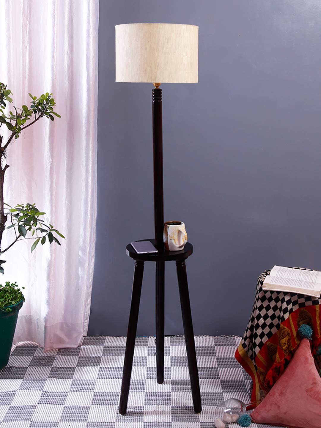 Off-White Cotton Drum Shade Wood Brown Table Floor lamp