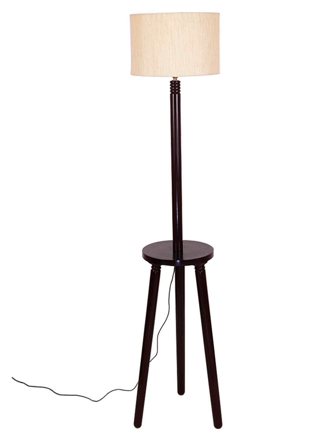 Off-White Cotton Drum Shade Wood Brown Table Floor lamp