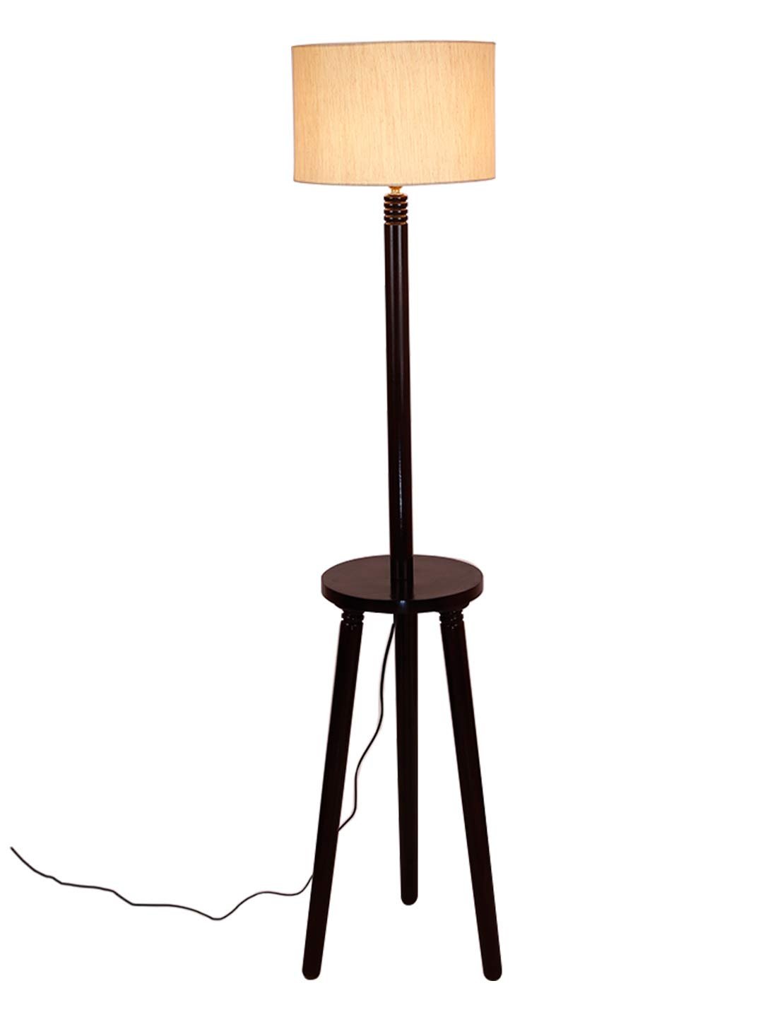 Off-White Cotton Drum Shade Wood Brown Table Floor lamp