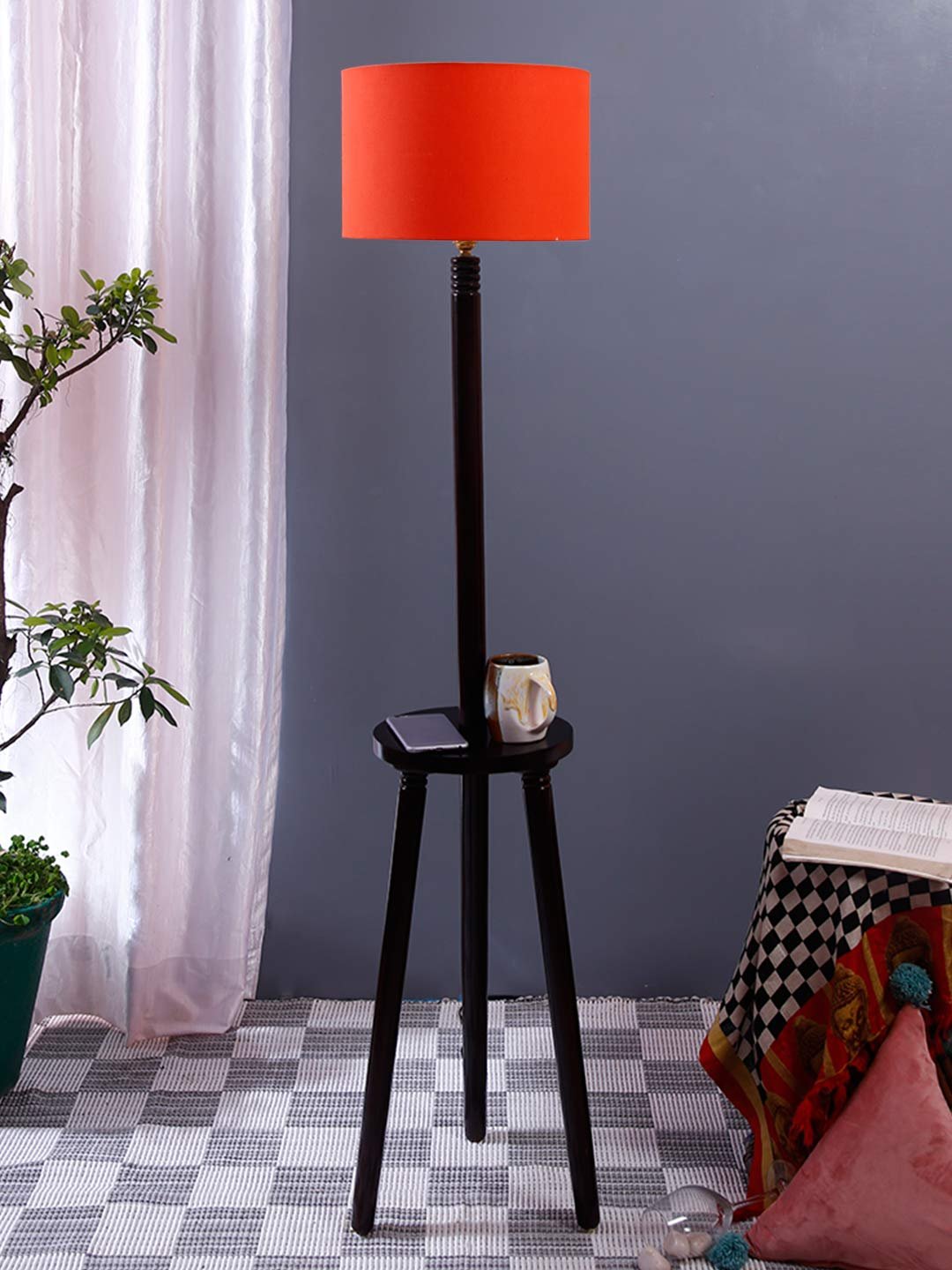 Orange Cotton Drum Shade Wood Brown Table Floor lamp