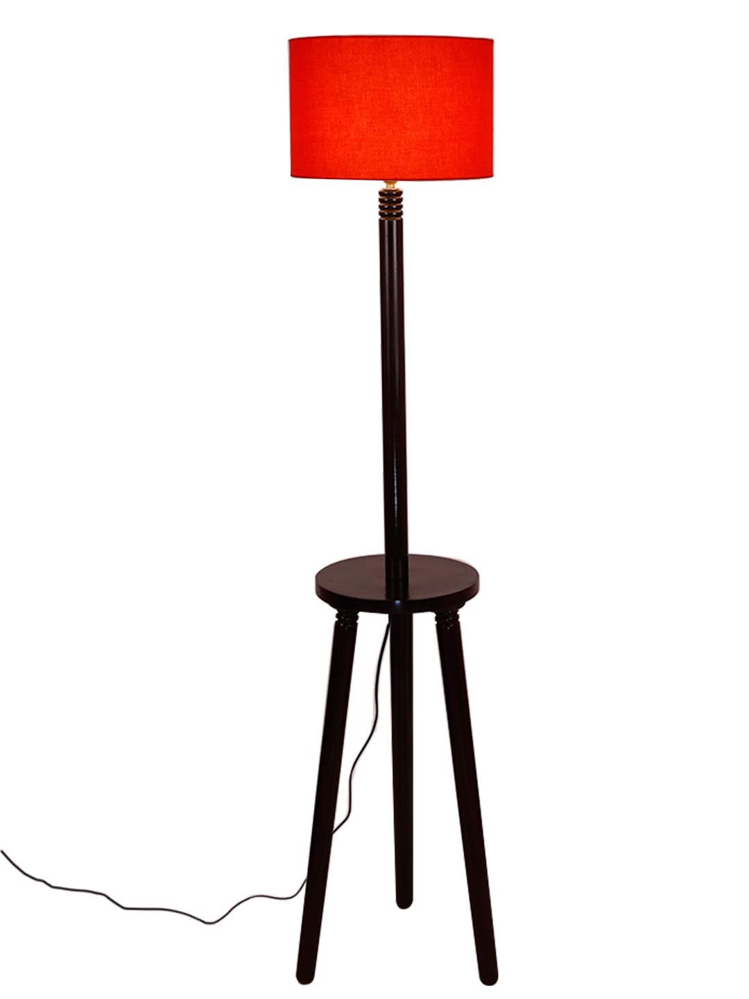Orange Cotton Drum Shade Wood Brown Table Floor lamp
