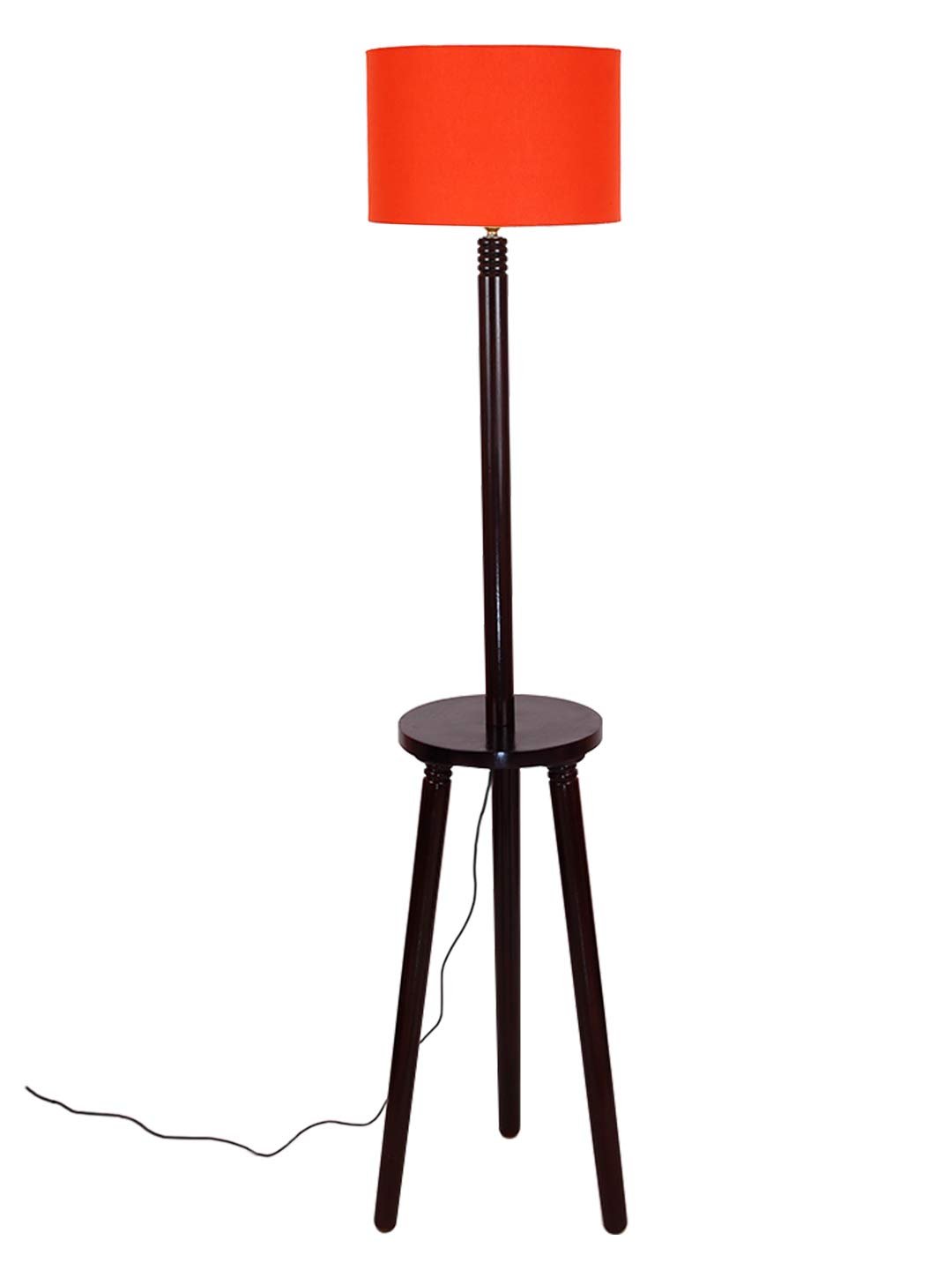 Orange Cotton Drum Shade Wood Brown Table Floor lamp