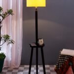 Yellow Cotton Drum Shade Wood Brown Table Floor lamp
