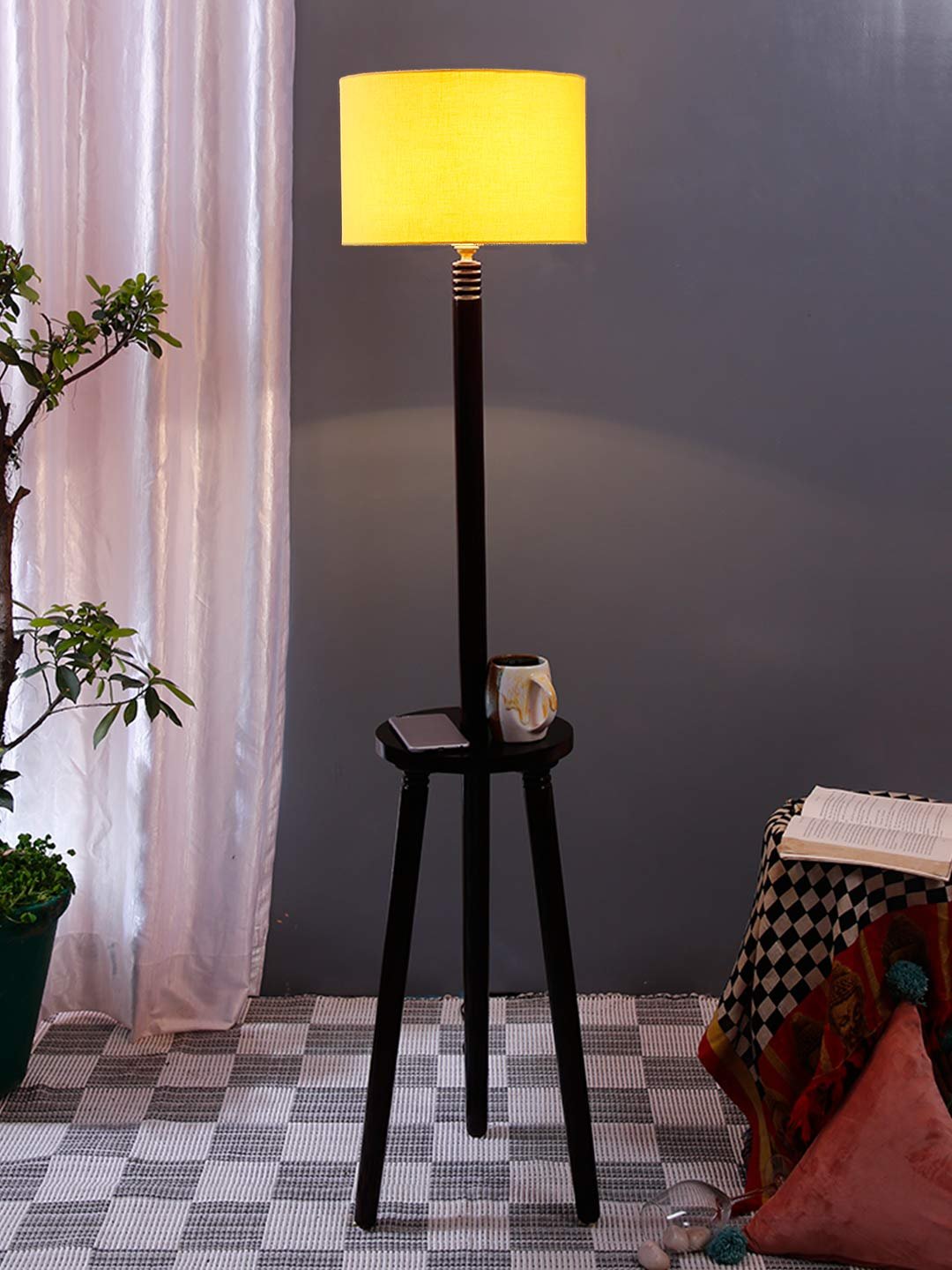 Yellow Cotton Drum Shade Wood Brown Table Floor lamp