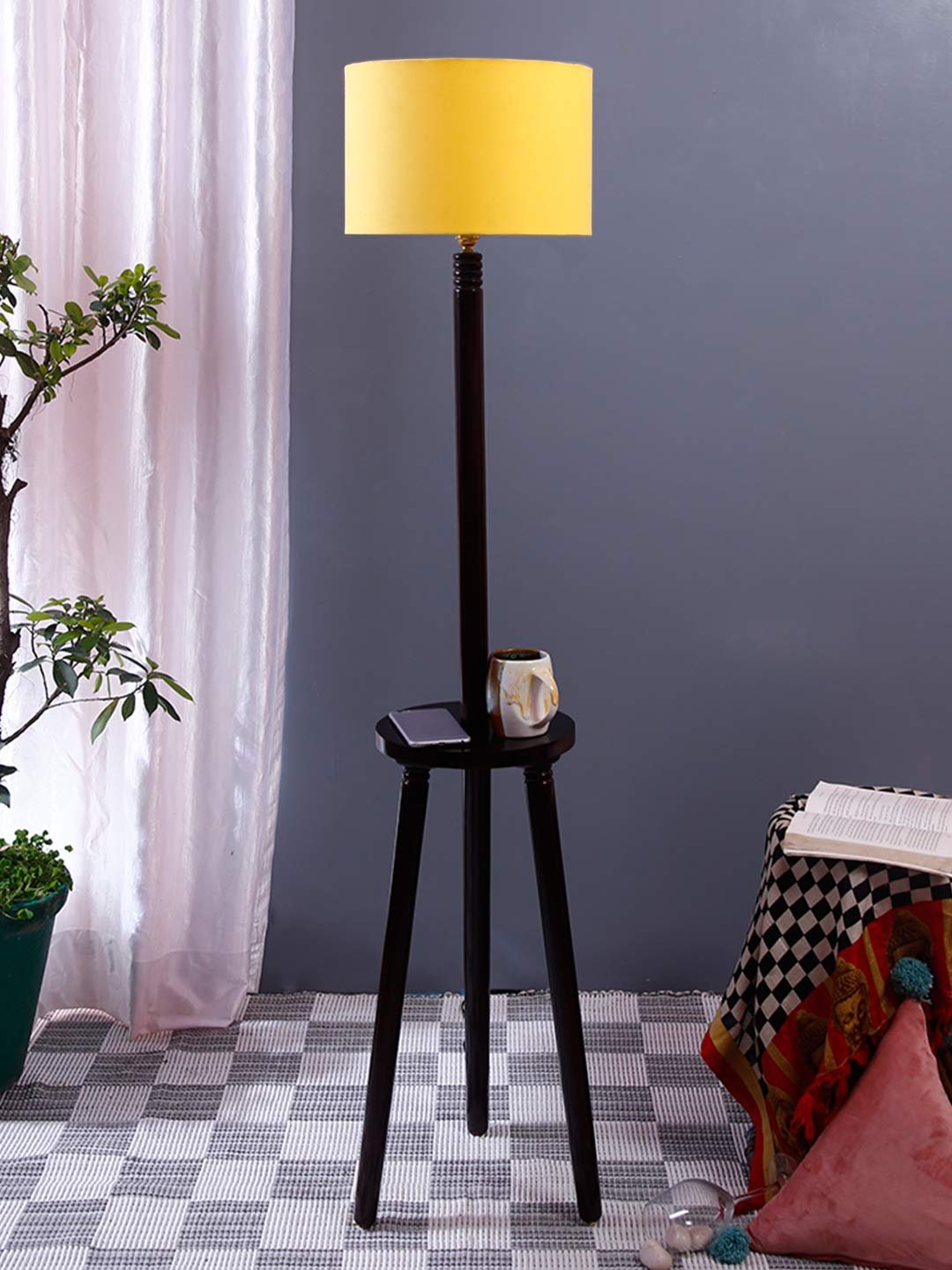 Yellow Cotton Drum Shade Wood Brown Table Floor lamp